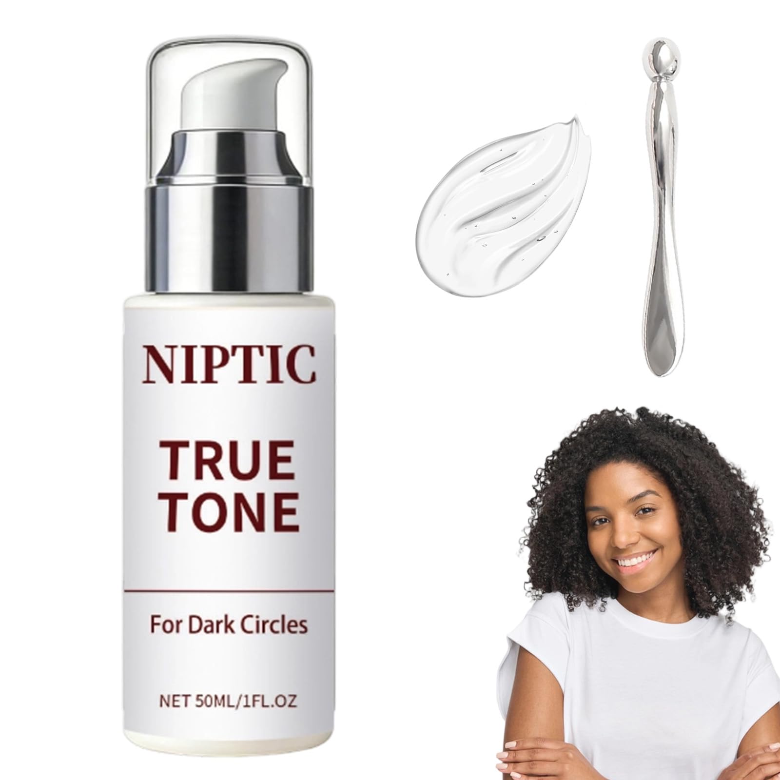 Niptic True Tone Eye Cream tube close-up showing silky texture for gentle under-eye care.