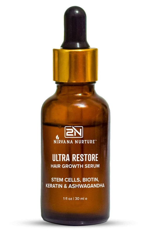 Nirvana Nurture Ultra Restore Serum bottle with potent blend for fuller hair growth potential.