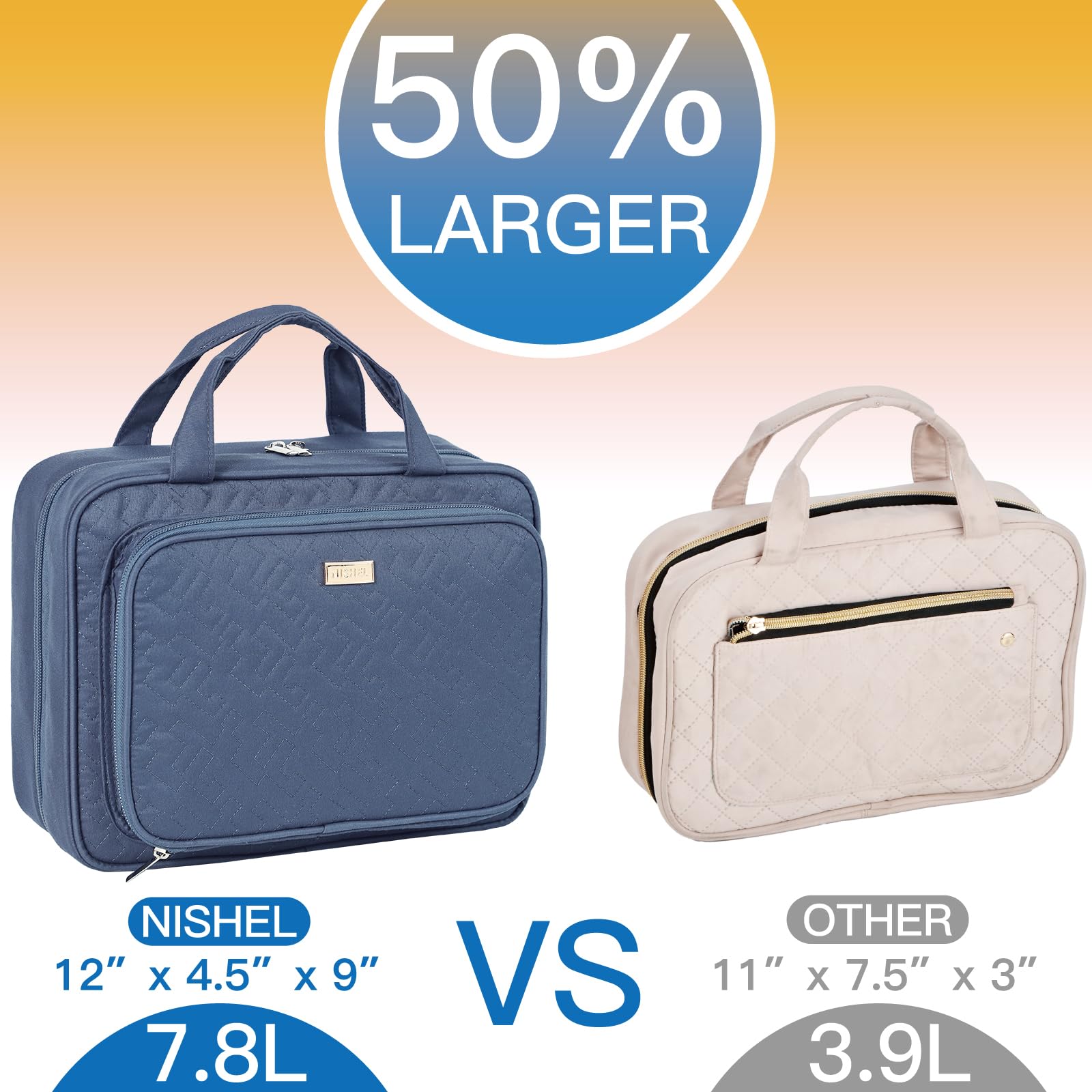 NISHEL hanging toiletry bag open, showing full travel-ready layout and visibility.