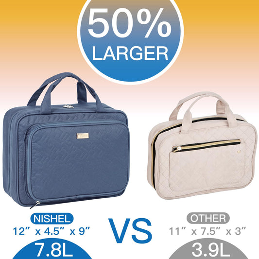 NISHEL hanging toiletry bag open, showing full travel-ready layout and visibility.