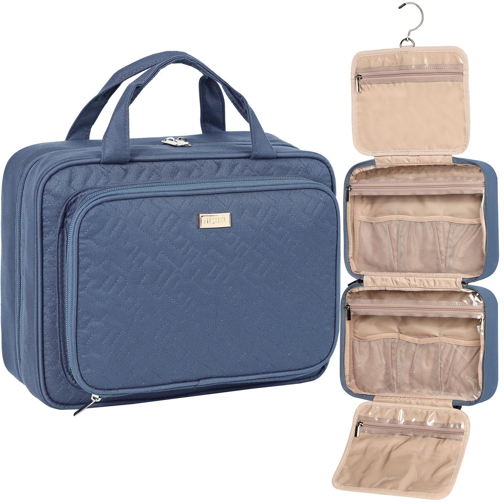 NISHEL hanging toiletry bag in Aegean blue, rolled for compact travel storage.