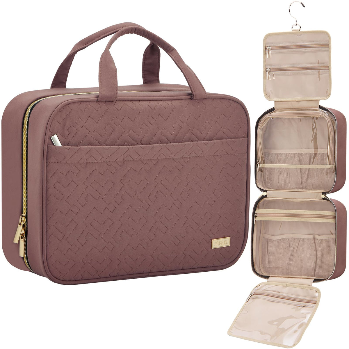 NISHEL travel toiletry bag in rosewood-pink, closed for compact packing