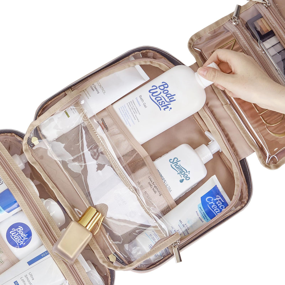 NISHEL bag holding full-sized shampoo and conditioner on trips