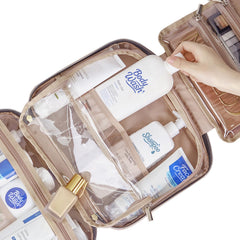 NISHEL bag holding full-sized shampoo and conditioner on trips
