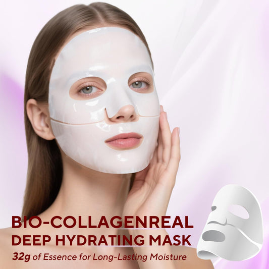 Nityrliv Bio-Collagen Real Deep Mask being applied on the face for hydration