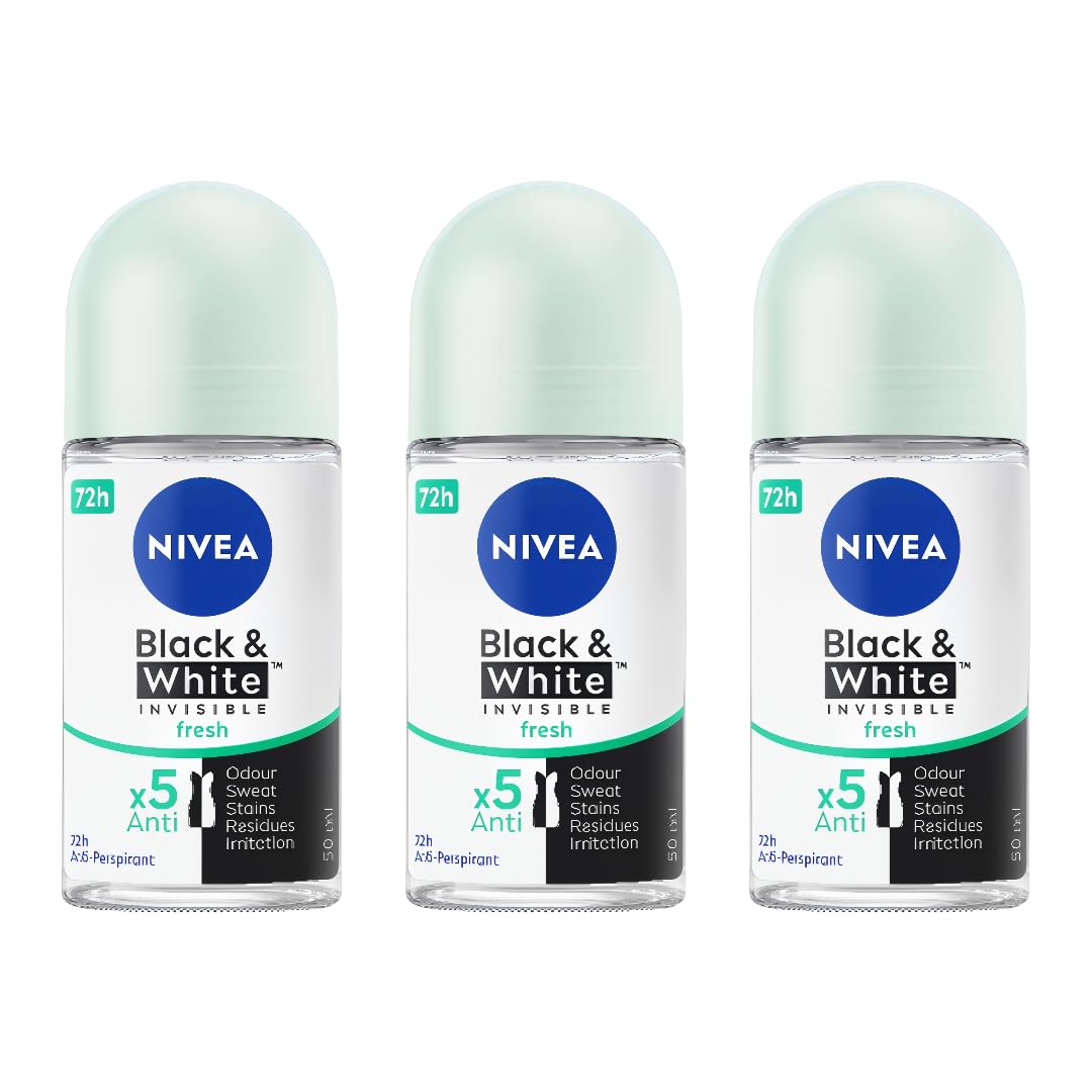 NIVEA Black & White Invisible Fresh roll-on deodorant bottle delivers long-lasting odor and sweat protection.