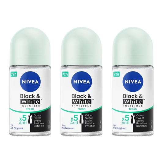 NIVEA Black & White Invisible Fresh roll-on deodorant bottle delivers long-lasting odor and sweat protection.
