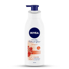 NIVEA Natural Glow lotion bottle front showing vitamin C and SPF 15 benefits