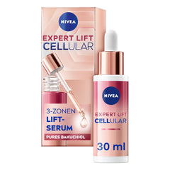 NIVEA Cellular Expert Lift serum bottle highlighting 3-zone lift for firmer, defined skin