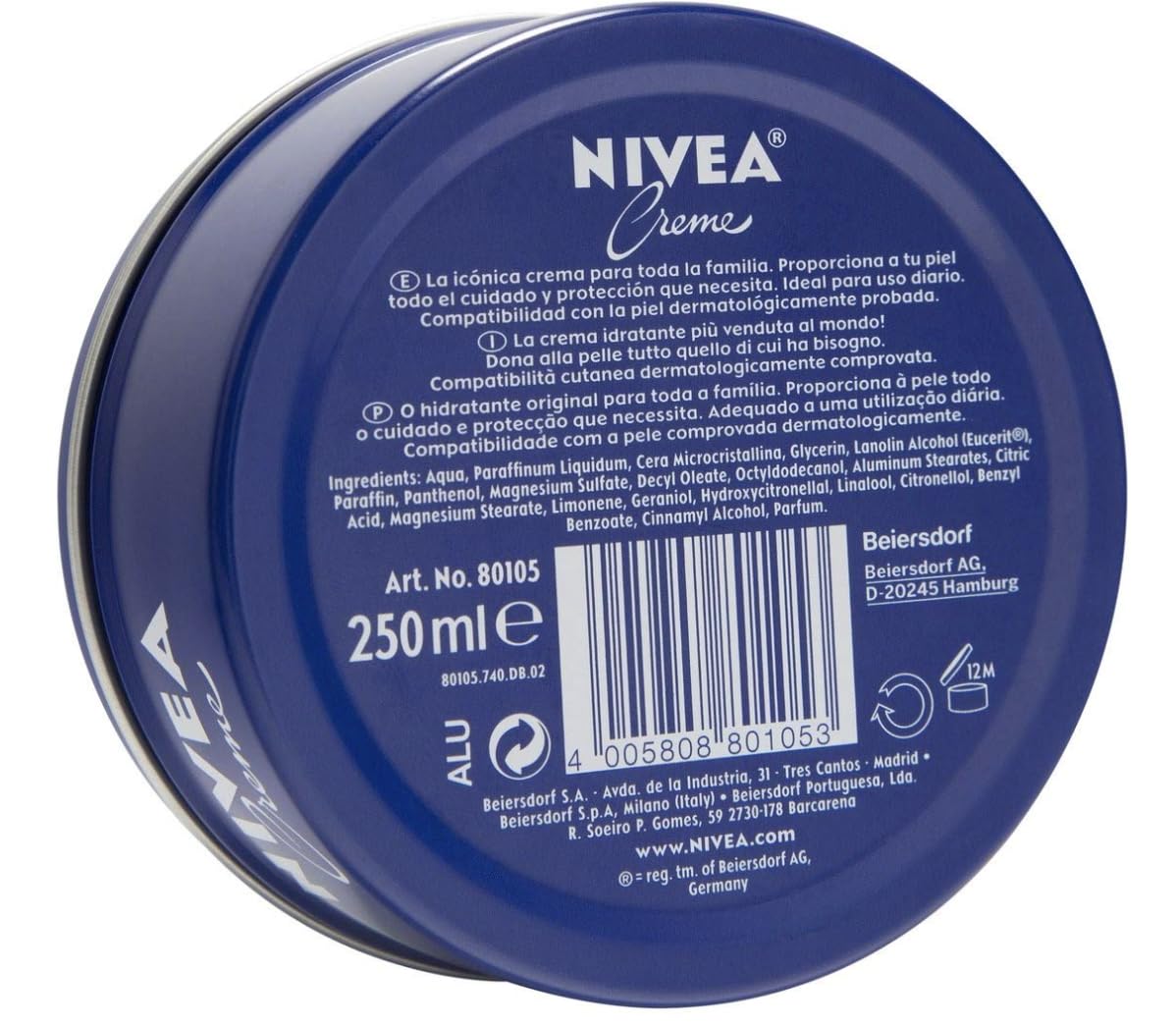 Close-up of the NIVEA metal tin; classic moisturizer for quick hydration.