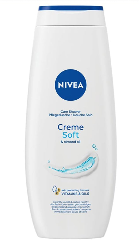 NIVEA Creme Soft Body Wash bottle pouring for gentle cleansing and lasting moisture