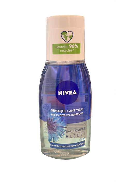 NIVEA Double Effect Eye Make-Up Remover bottle showing gentle cleansing for delicate eye makeup