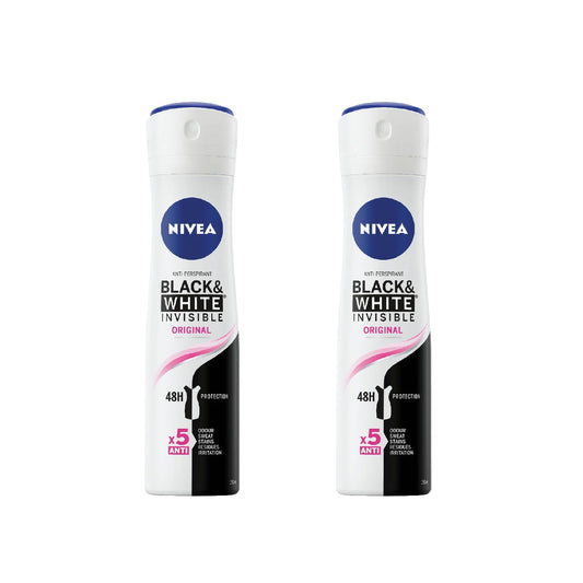 NIVEA Invisible Black White Original two-pack spray in use with quick-dry comfort