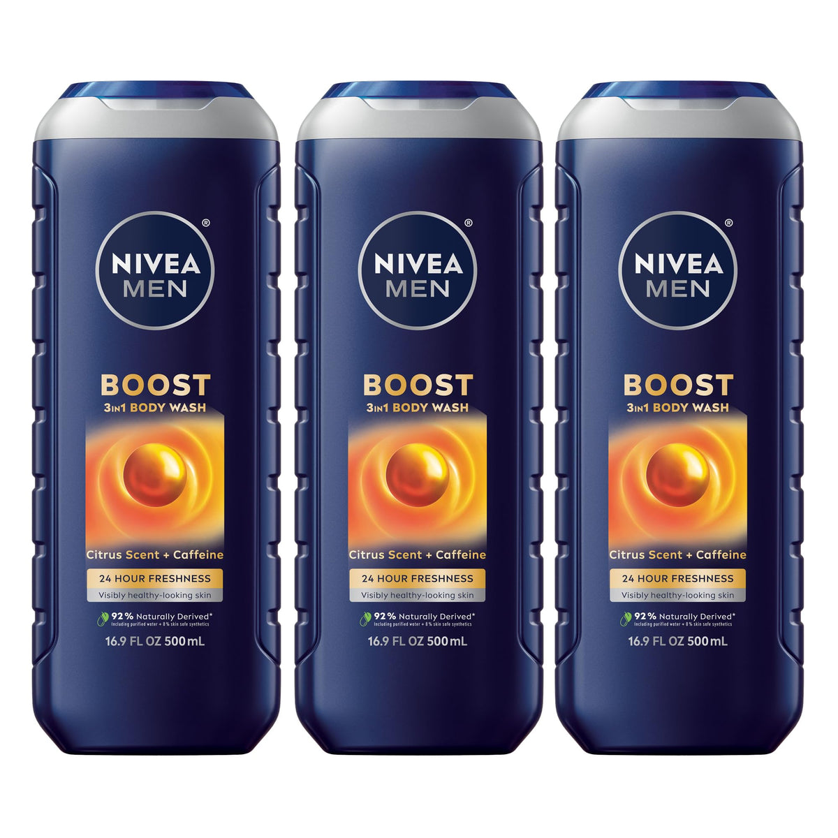 NIVEA MEN Boost bottle with citrus scent for an energizing morning routine.