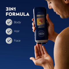 NIVEA MEN Boost bottle being poured for quick 3-in-1 cleansing.