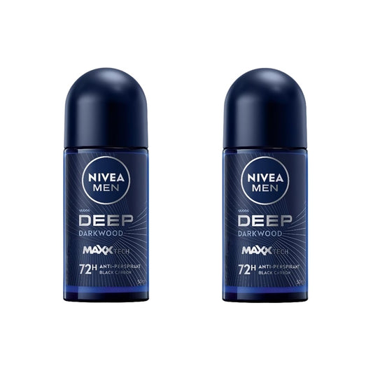 NIVEA MEN DEEP Darkwood roll-on bottle for long-lasting freshness and 72-hour protection.