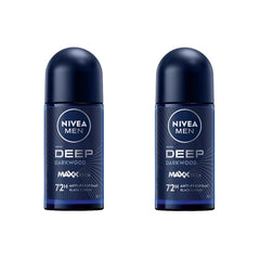 NIVEA MEN DEEP Darkwood roll-on bottle for long-lasting freshness and 72-hour protection.
