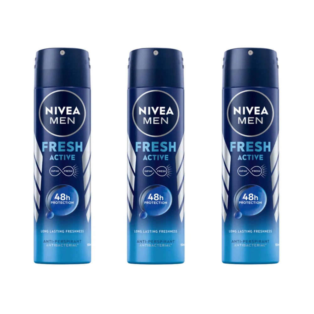 NIVEA MEN Fresh Active Deodorant Spray with INFINIFRESH for long-lasting freshness and 48-hour protection.