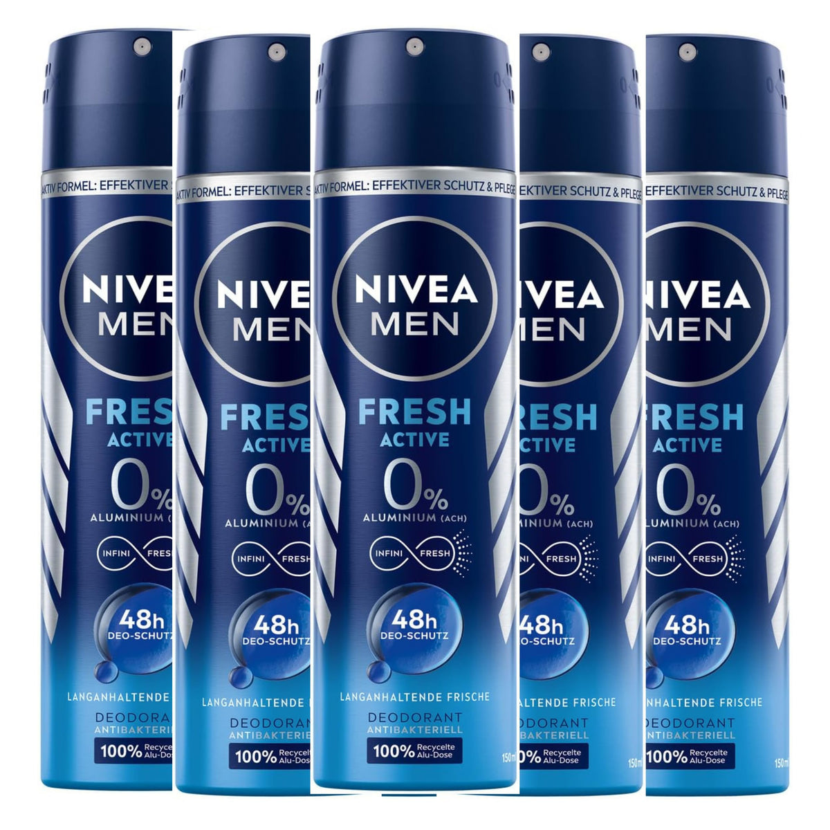 NIVEA Men Fresh Active Deodorant Spray pack with six cans for long-lasting protection.