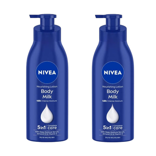 NIVEA Nourishing Body Milk bottle pour showing quick hydration for dry skin
