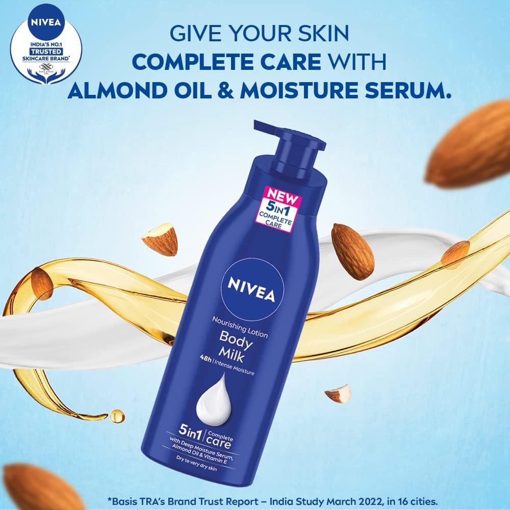 NIVEA Nourishing Body Milk packaging label highlighting 48-hour hydration claim