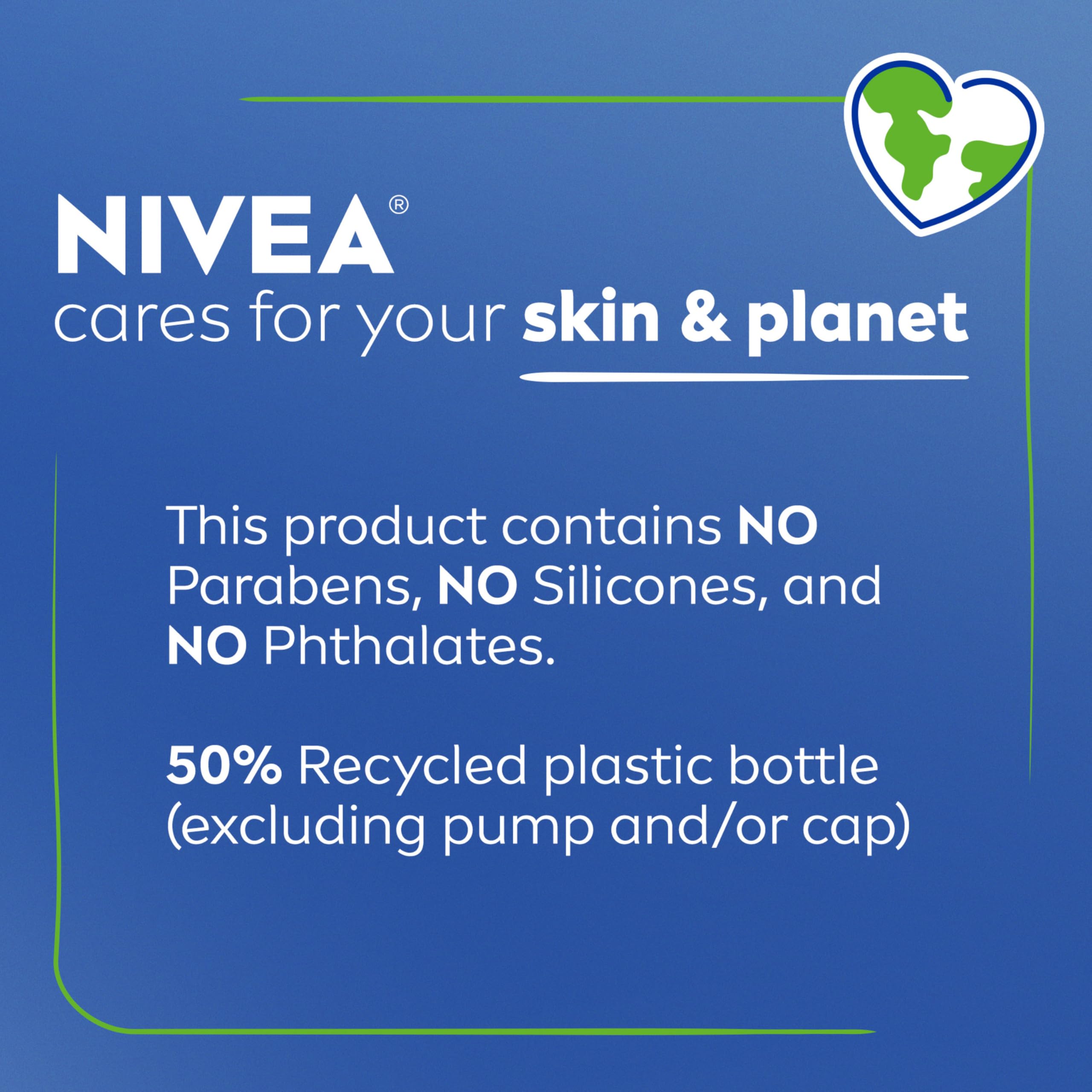 NIVEA 50% recycled packaging highlight environmentally friendly bottle.