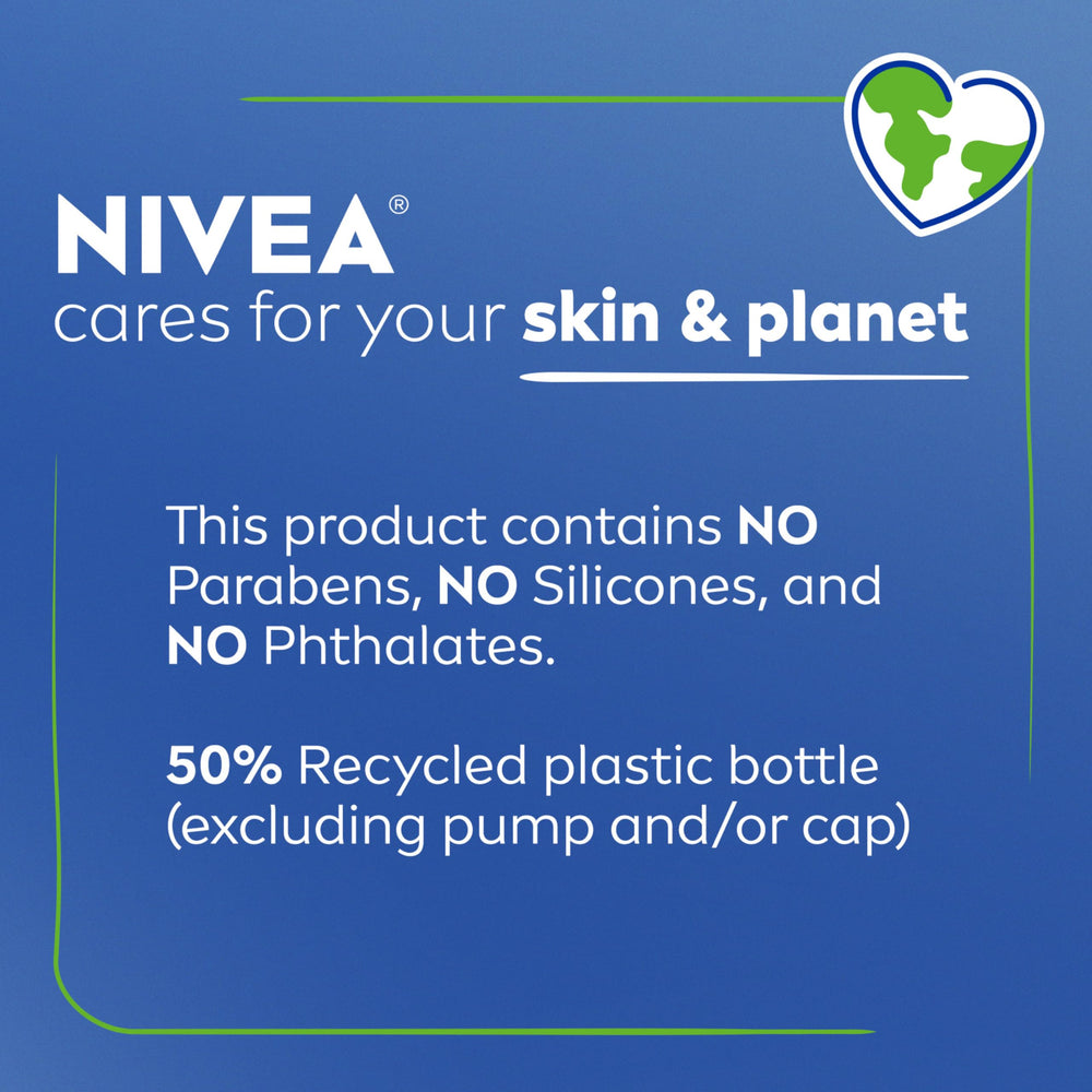 NIVEA 50% recycled packaging highlight environmentally friendly bottle.
