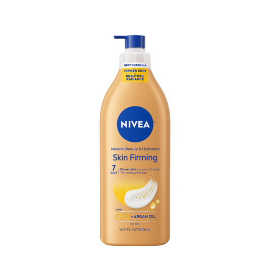 NIVEA Skin Firming Melanin Lotion bottle with pump for easy daily use.