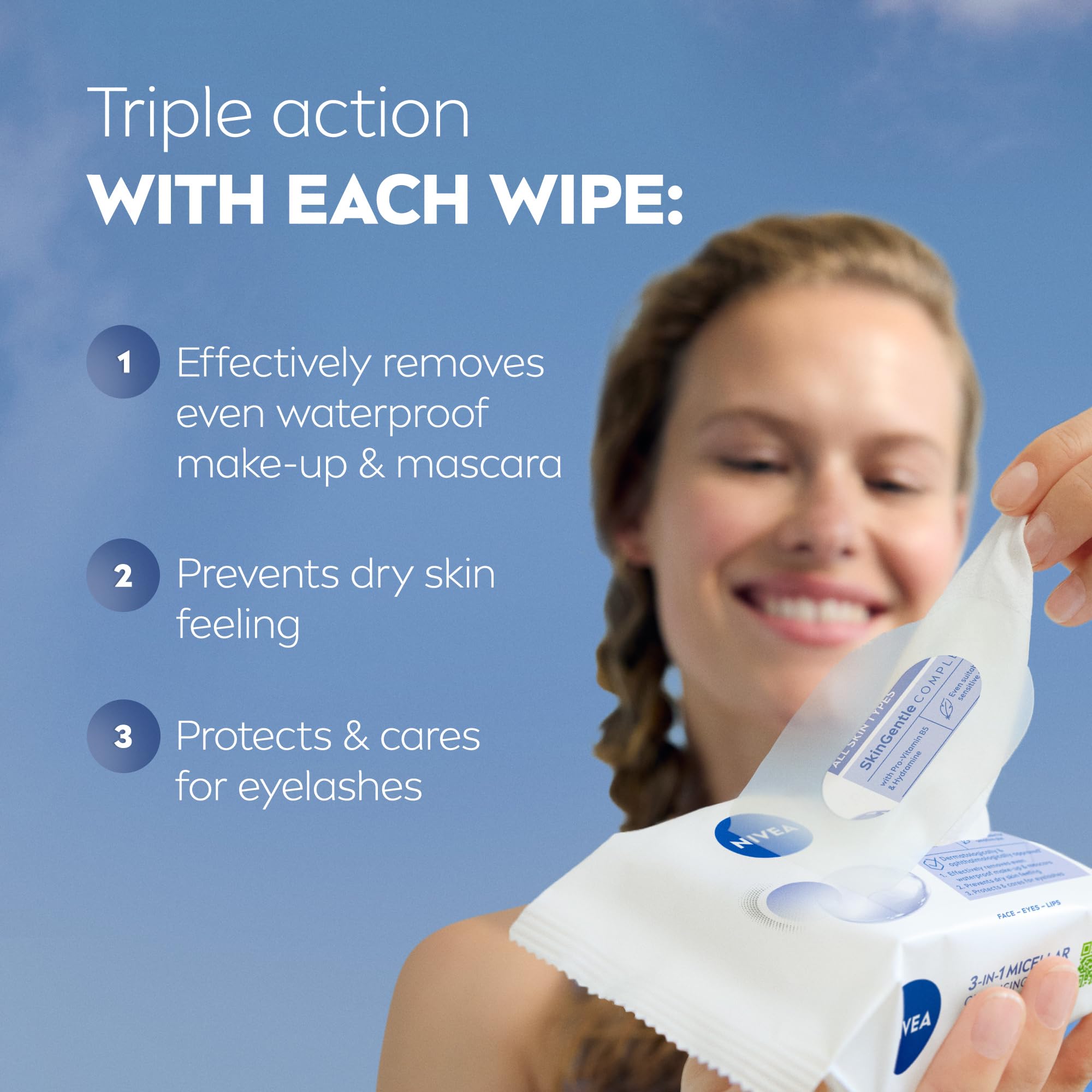 NIVEA wipes in use on the face for gentle cleansing and makeup removal.