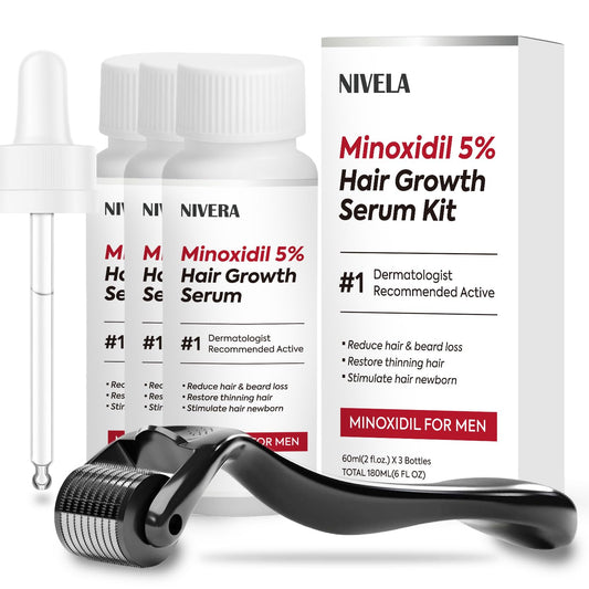 NIVELA five-percent minoxidil bottle pour demonstrates odorless, fast-absorbing treatment.