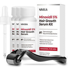 NIVELA five-percent minoxidil bottle pour demonstrates odorless, fast-absorbing treatment.