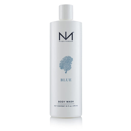 Niven Morgan Blue Body Wash 16oz bottle, refreshing cleanse with citrus and cedar for a coastal feel.