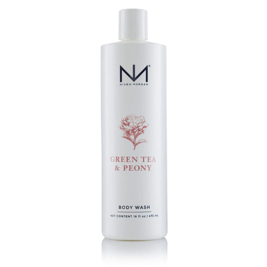Niven Morgan Green Tea and Peony body wash bottle, refreshing fragrance and hydrating cleanse