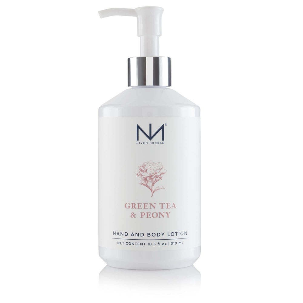 Niven Morgan Green Tea and Peony lotion bottle delivering hydrating nourishment for hands and body