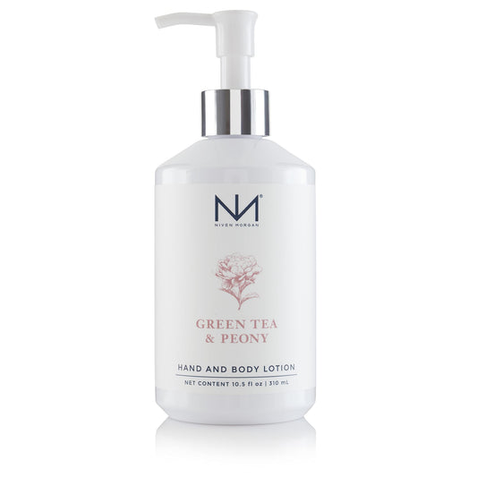Niven Morgan Green Tea and Peony lotion bottle delivering hydrating nourishment for hands and body