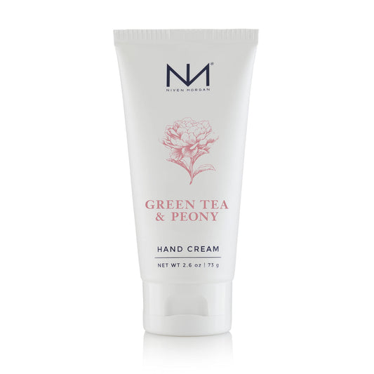 Niven Morgan travel hand cream bottle with green tea and peony scent offering moisture and a non-greasy feel