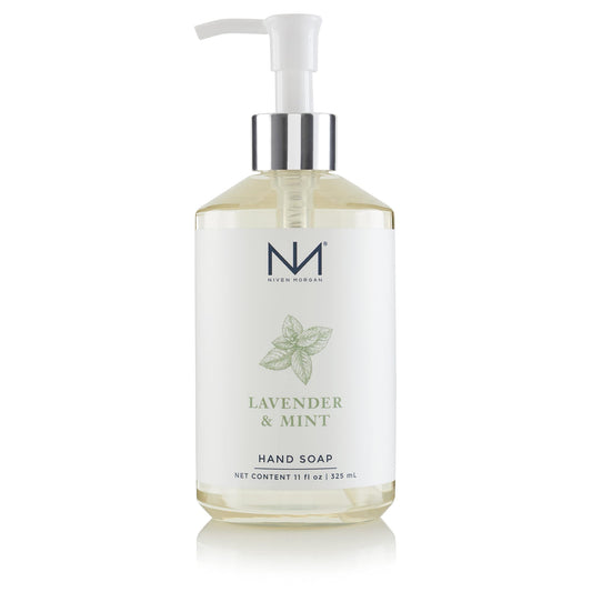 Niven Morgan Lavender & Mint Hand Soap bottle with calming aroma and skin hydration.