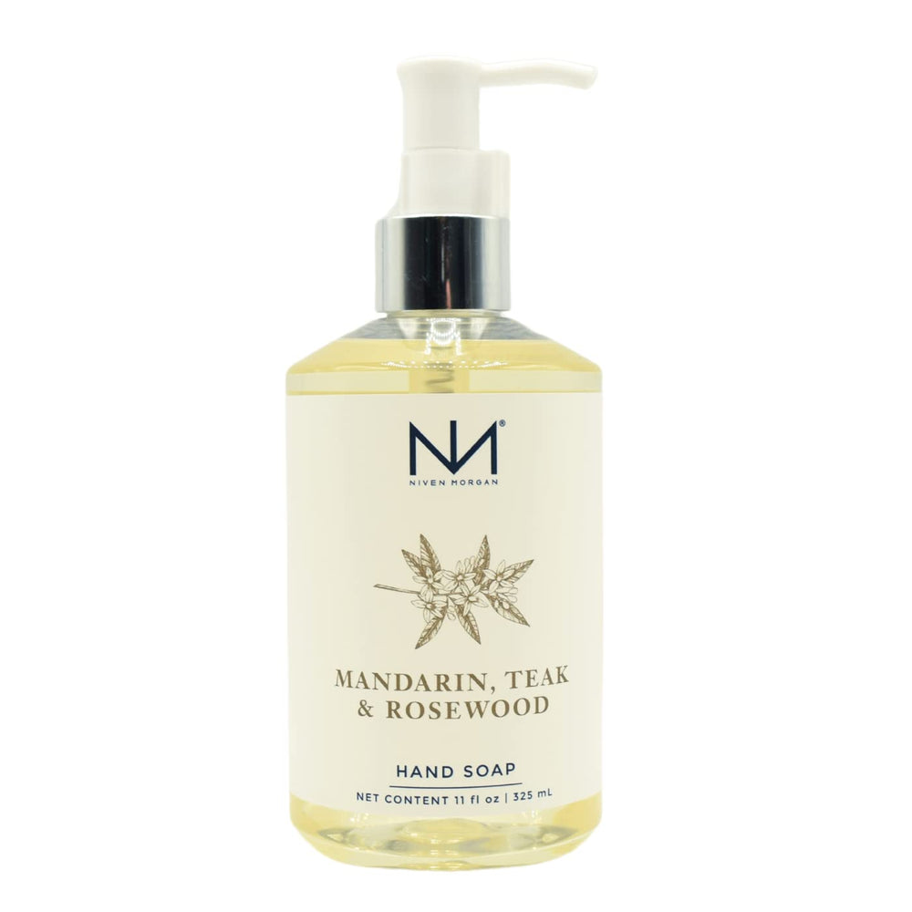 Niven Morgan Mandarin Teak and Rosewood hand soap bottle with refreshing fragrance.