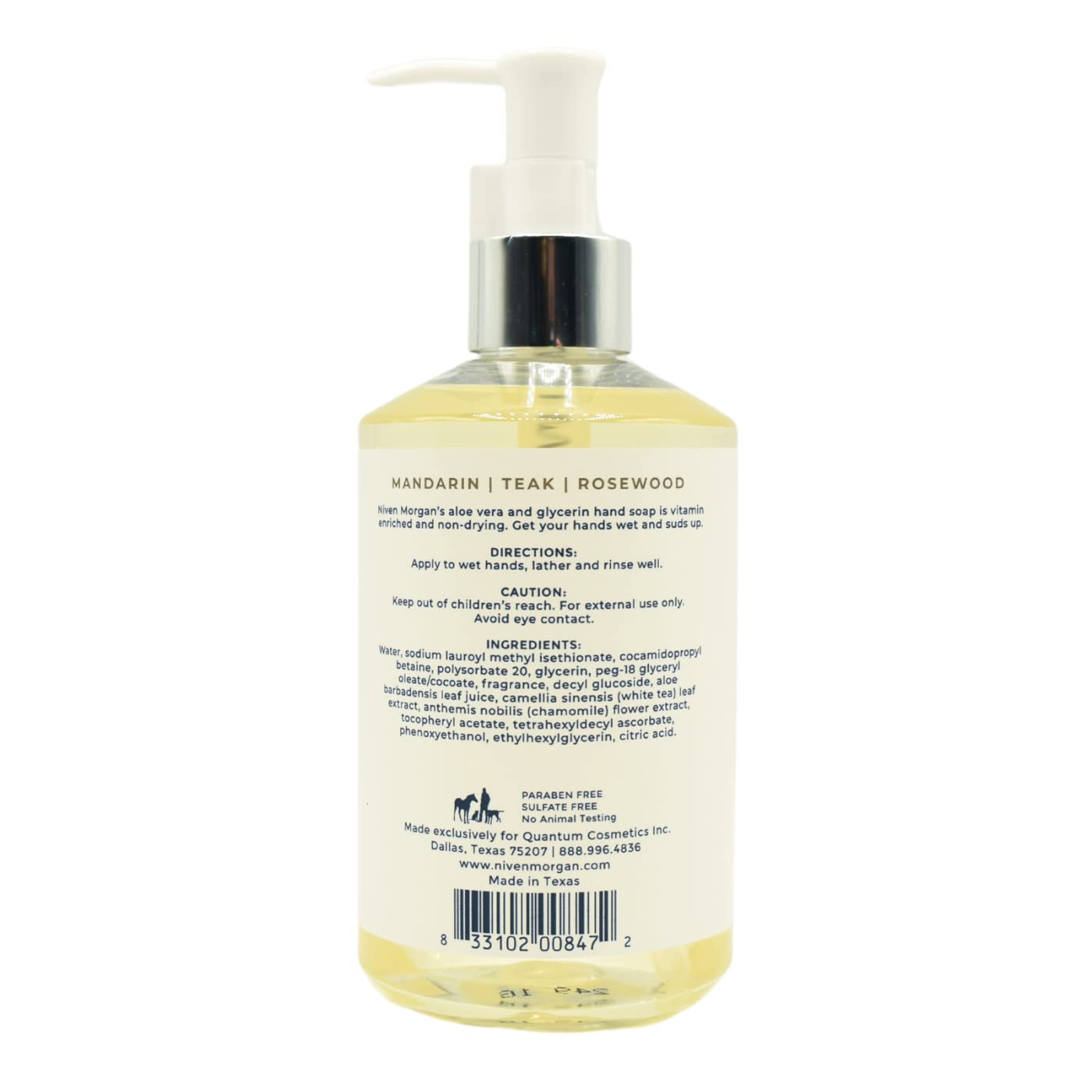 Niven Morgan Mandarin Teak and Rosewood hand soap label shows paraben-free, dye-free formula.