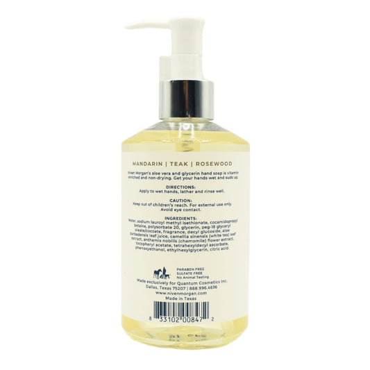 Niven Morgan Mandarin Teak and Rosewood hand soap label shows paraben-free, dye-free formula.