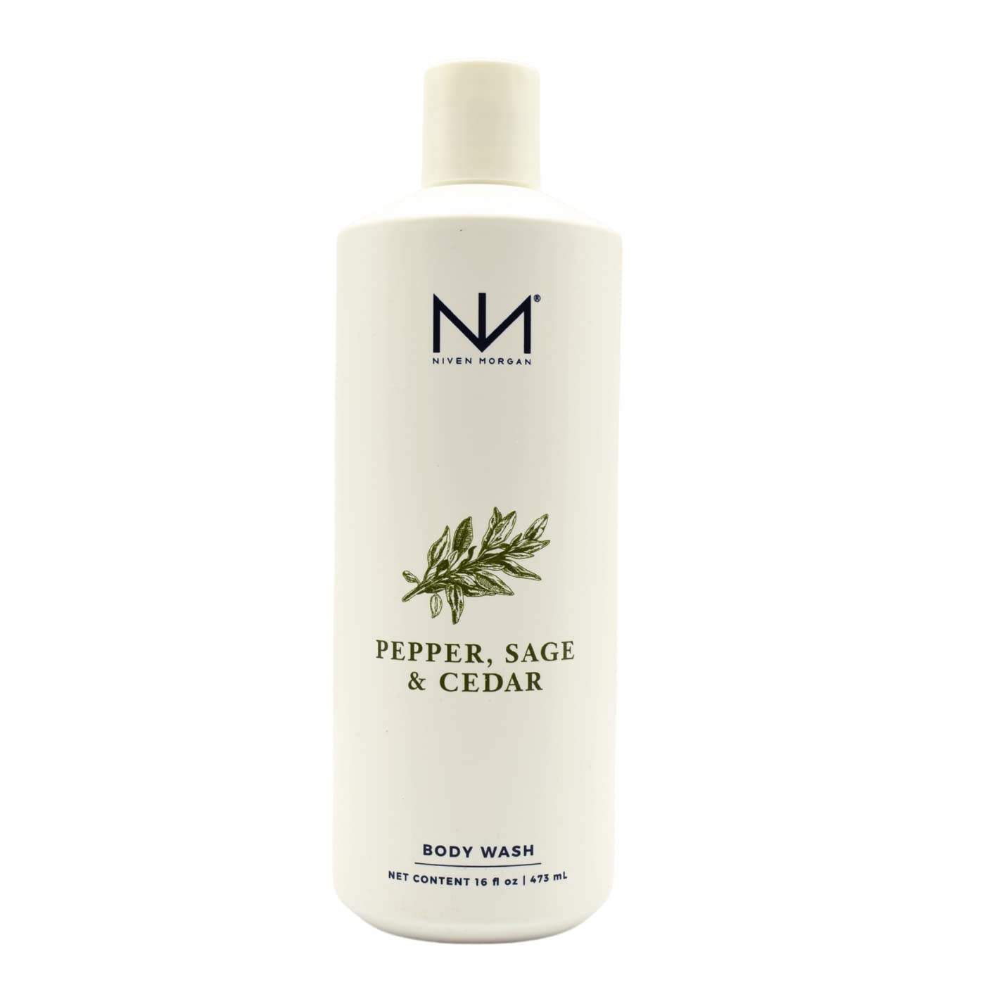 Niven Morgan Pepper Sage Cedar Body Wash bottle showcases luxurious foam for refreshed skin.
