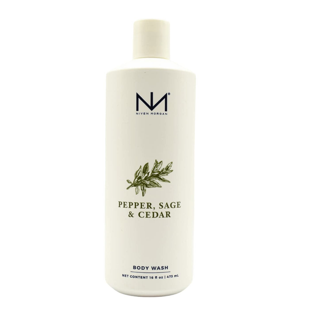 Niven Morgan Pepper Sage Cedar Body Wash bottle showcases luxurious foam for refreshed skin.