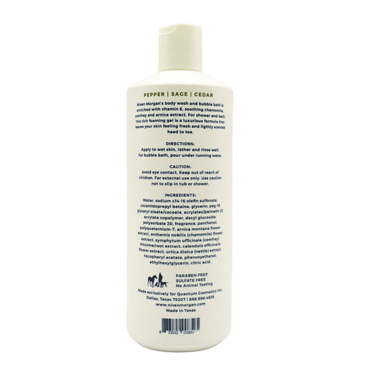 Niven Morgan Pepper Sage Cedar Body Wash packaging highlights gentle, paraben-free cleansing.