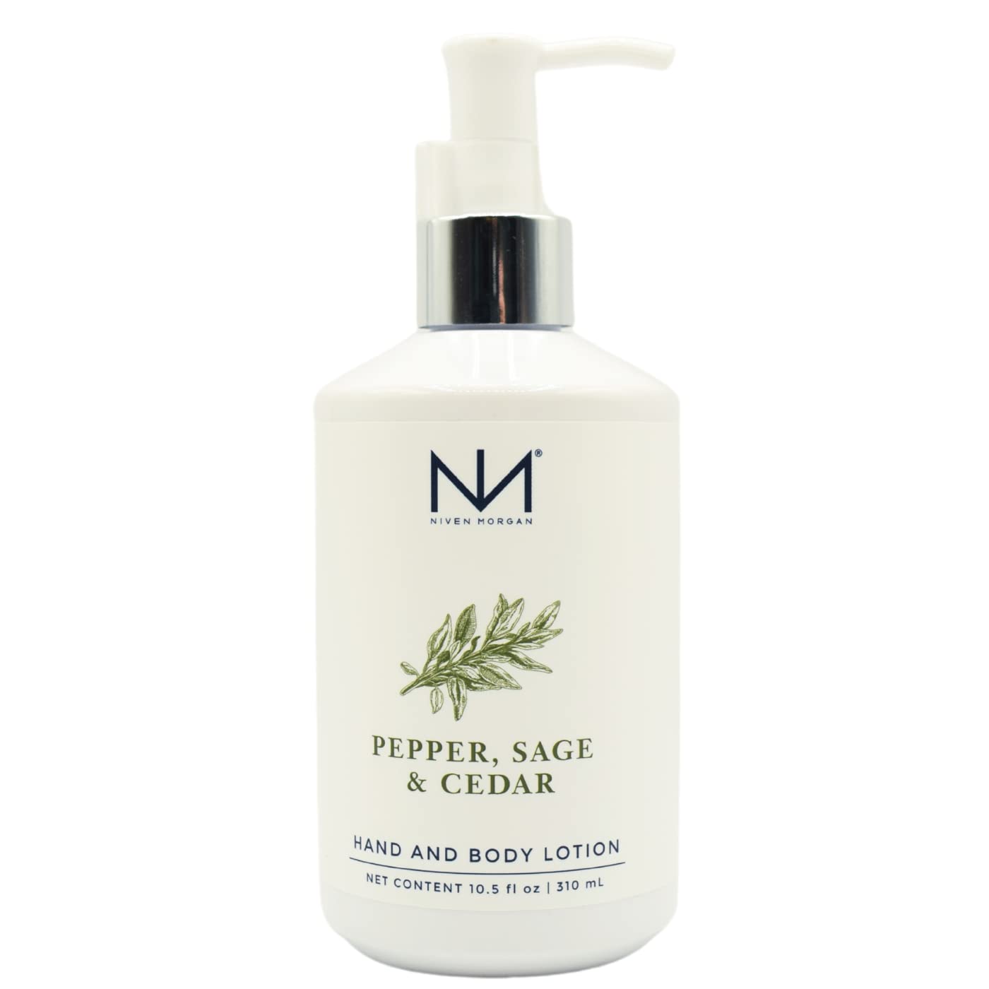Niven Morgan Pepper-Sage-Cedar hand lotion bottle for rich hydration and soft skin.