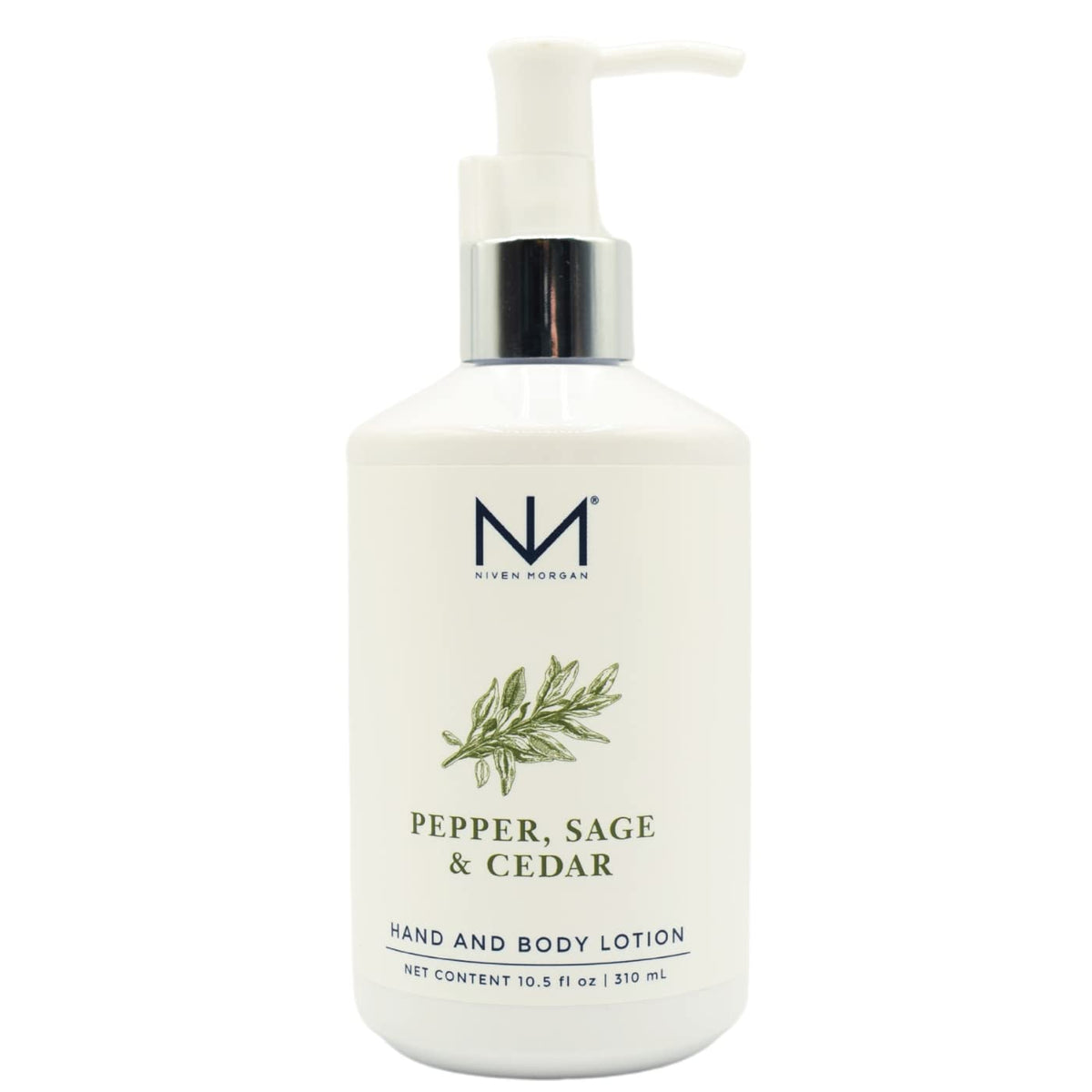 Niven Morgan Pepper-Sage-Cedar hand lotion bottle for rich hydration and soft skin.