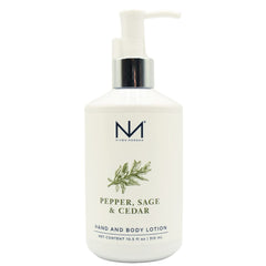 Niven Morgan Pepper-Sage-Cedar hand lotion bottle for rich hydration and soft skin.