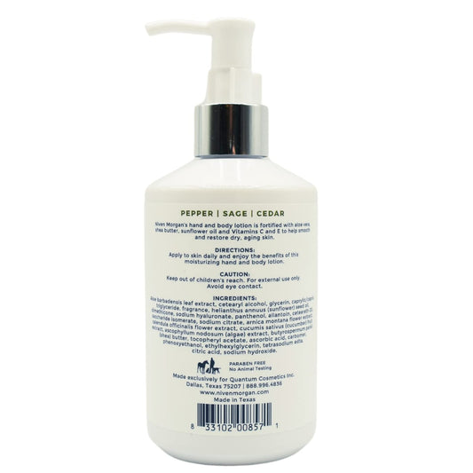 Niven Morgan Pepper-Sage-Cedar hand lotion pump for quick absorption and fragrance.
