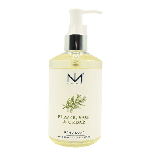 Niven Morgan Pepper, Sage and Cedar hand soap bottle on wood surface for daily cleansing