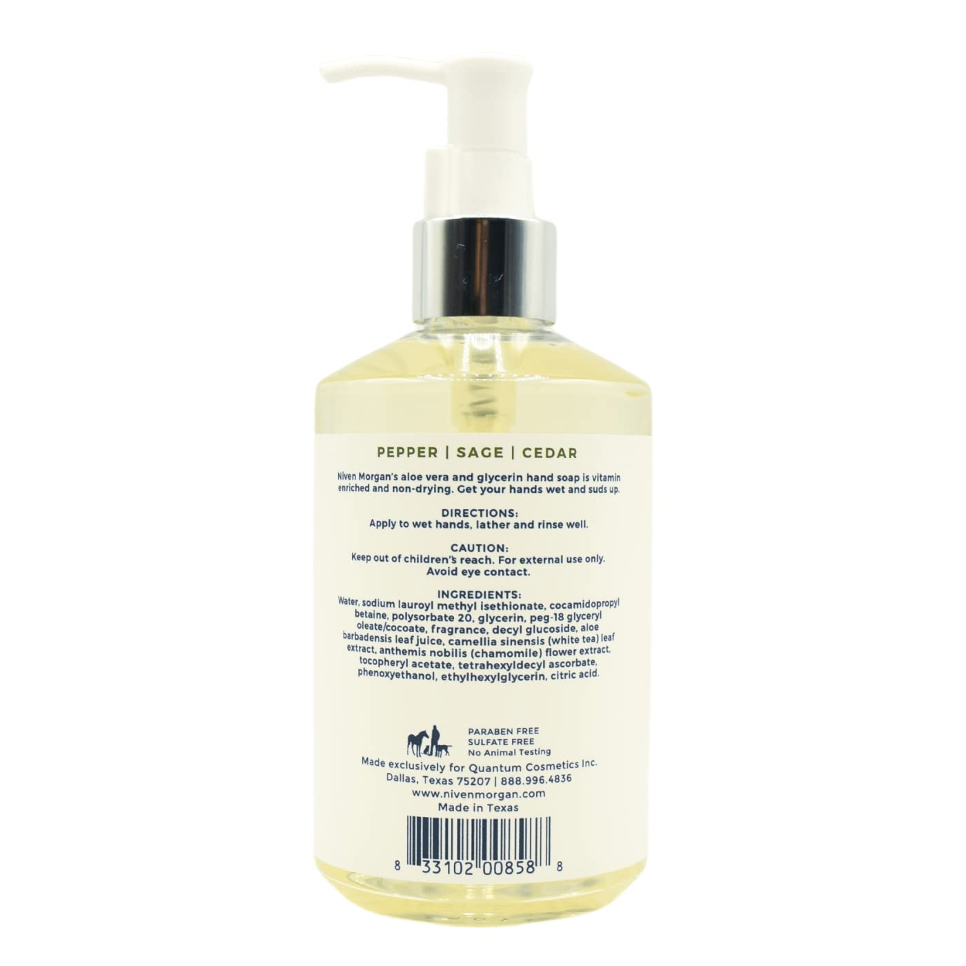 Niven Morgan Pepper, Sage and Cedar hand soap label, ideal for premium bathroom routines