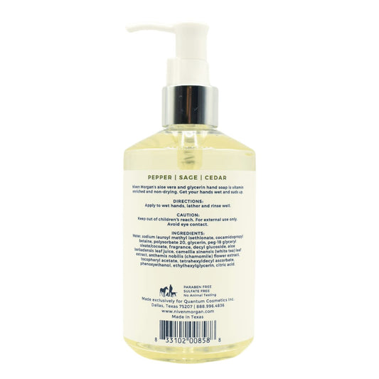 Niven Morgan Pepper, Sage and Cedar hand soap label, ideal for premium bathroom routines